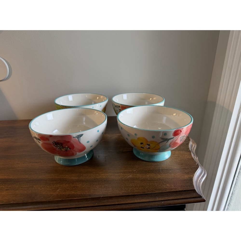 Pioneer Woman Vintage Bloom Bowls Dots Floral Footed Cereal Soup Set of 4